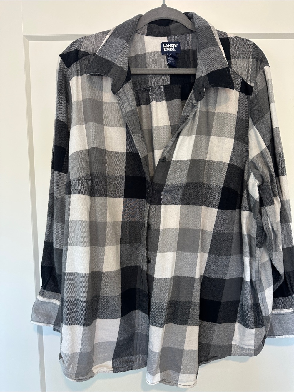 Lands' End Black, Gray & White Plaid Button-Down Shirt
